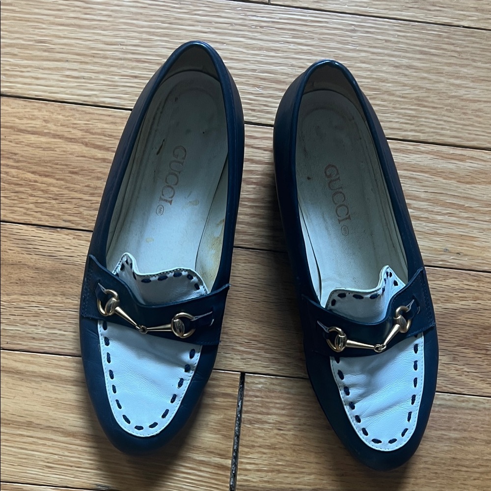 Gucci Navy and White Leather Horsebit Loafers